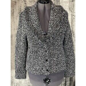 Lennie for Nina Leonard Sweater Jacket L Black White Fringed Lapel "old money"